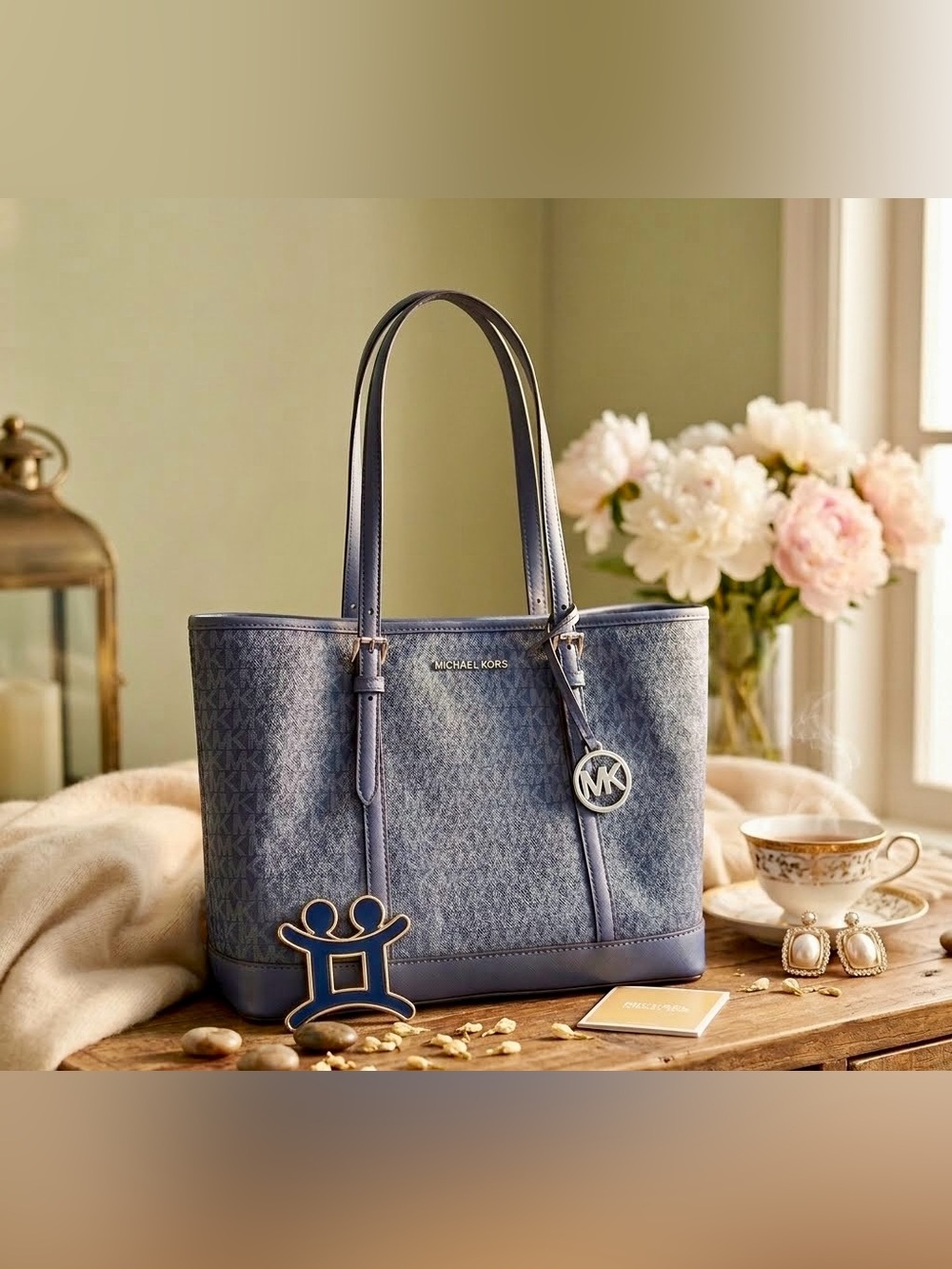 Michael Kors Jet Set Travel Small Top Zip Tote Bag Blue MK Monogram